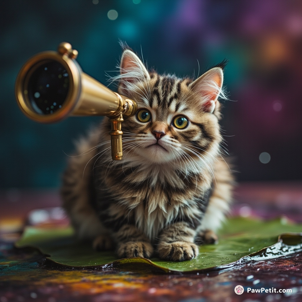 A curious cat stargazing through an oversized vintage telescope, on a floating lily pad in a rainbow-infused cosmic puddle.
