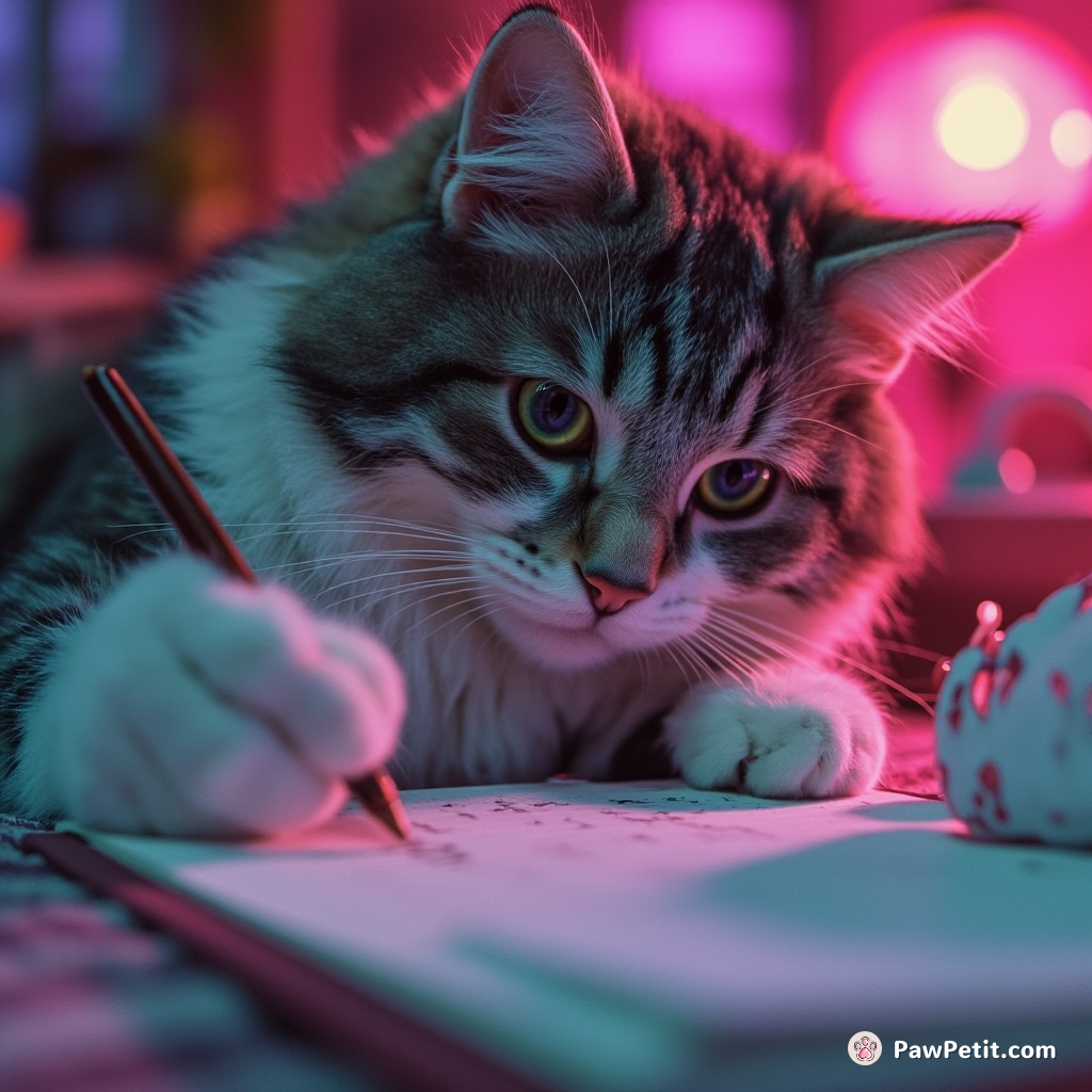 The cat diligently mimics a human, laboriously practicing to write with its paw and pen.