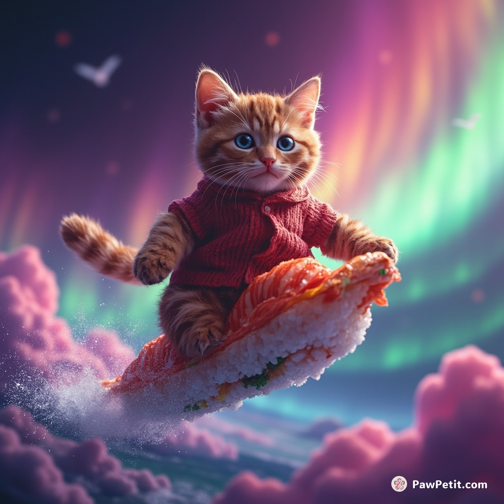 A crimson cat surfing on a kaleidoscopic sushi roll in the heart of an alien aurora borealis.