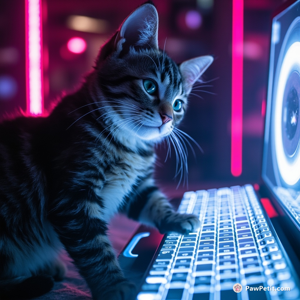 The cat deftly taps a holographic keyboard, summoning a portal with a mischievous flick of its paw.