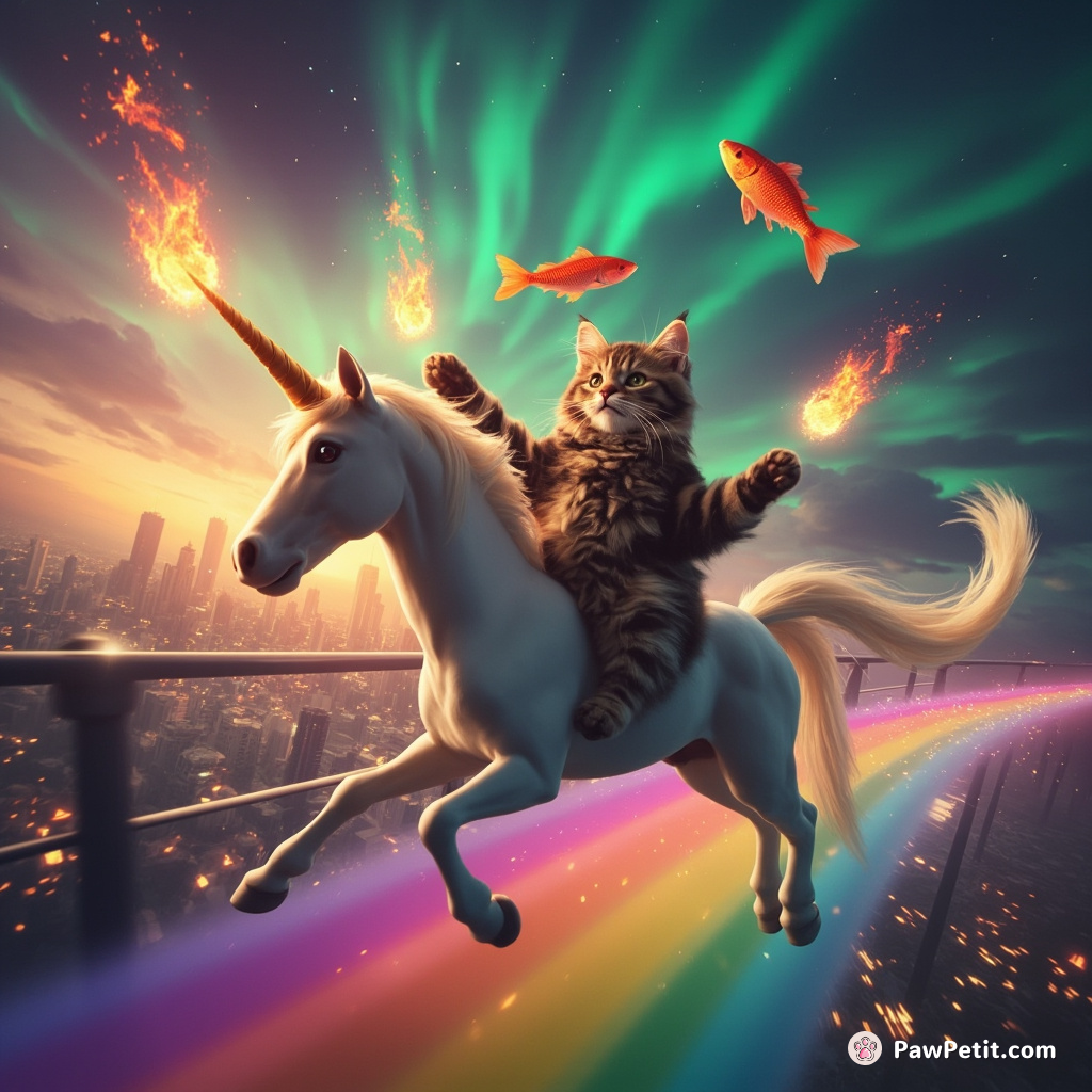 Cat effortlessly juggling flaming fish while riding a unicorn on a rainbow bridge over an alien cityscape during an aurora storm.