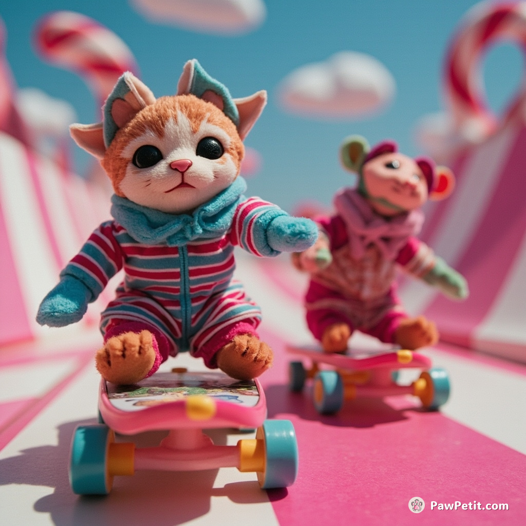 Alien cats defeating robot mice in a plush toy-themed race on candy cane skateboards.