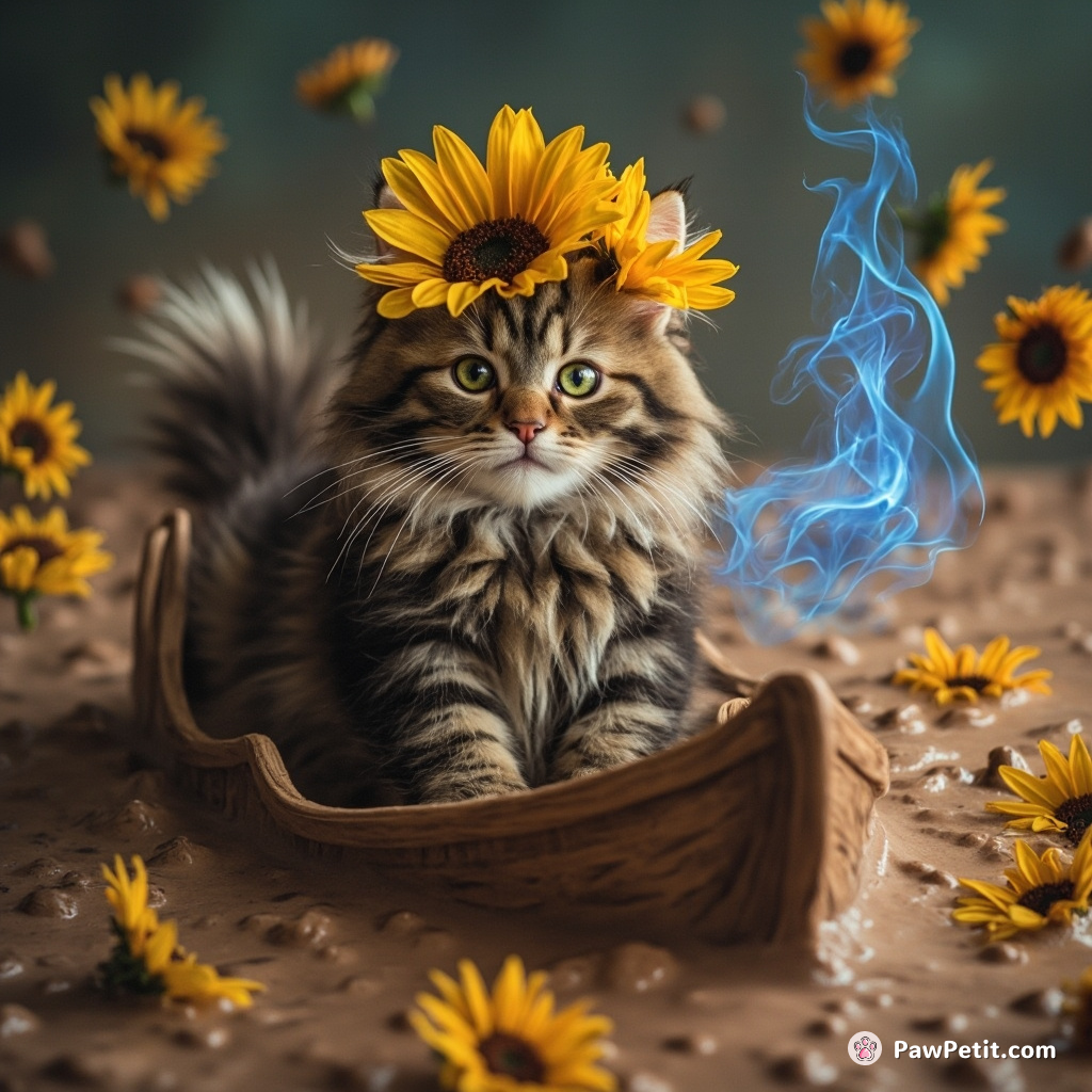 A Viking cat sailing through a sea of chocolate milk while playfully juggling blue flaming sunflowers.