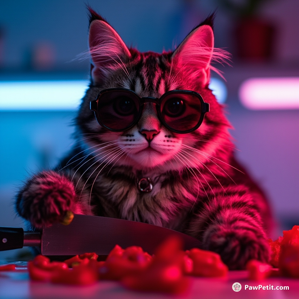 Believing he can cook better, Sir Mittens gracefully swipes peppers, expertly dicing them with his razor-sharp claws.
