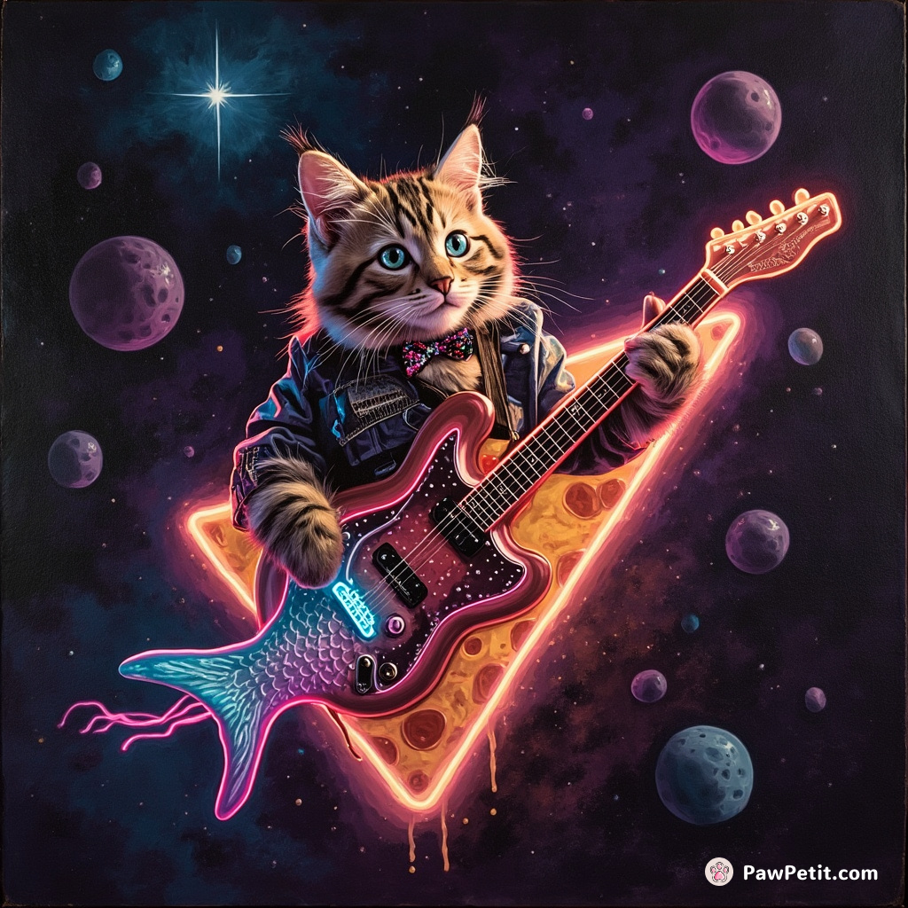 A neon punk rock cat playing an electric fish-shaped guitar on a glowing pizza slice in outer space.