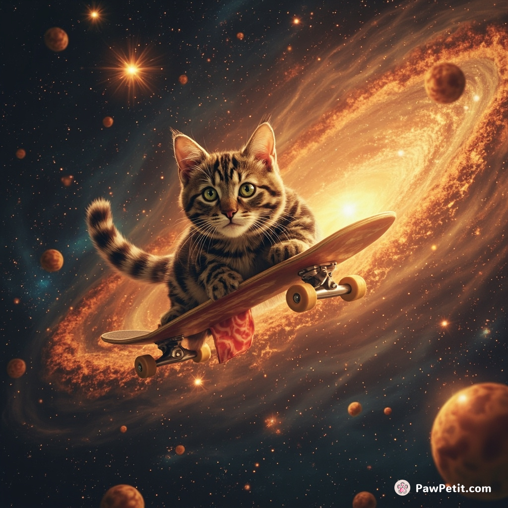 A leopard print cat flying on a bacon skateboard across a giant pizza-shaped galaxy, leaving trails of stardust and twinkling mozzarella stars.