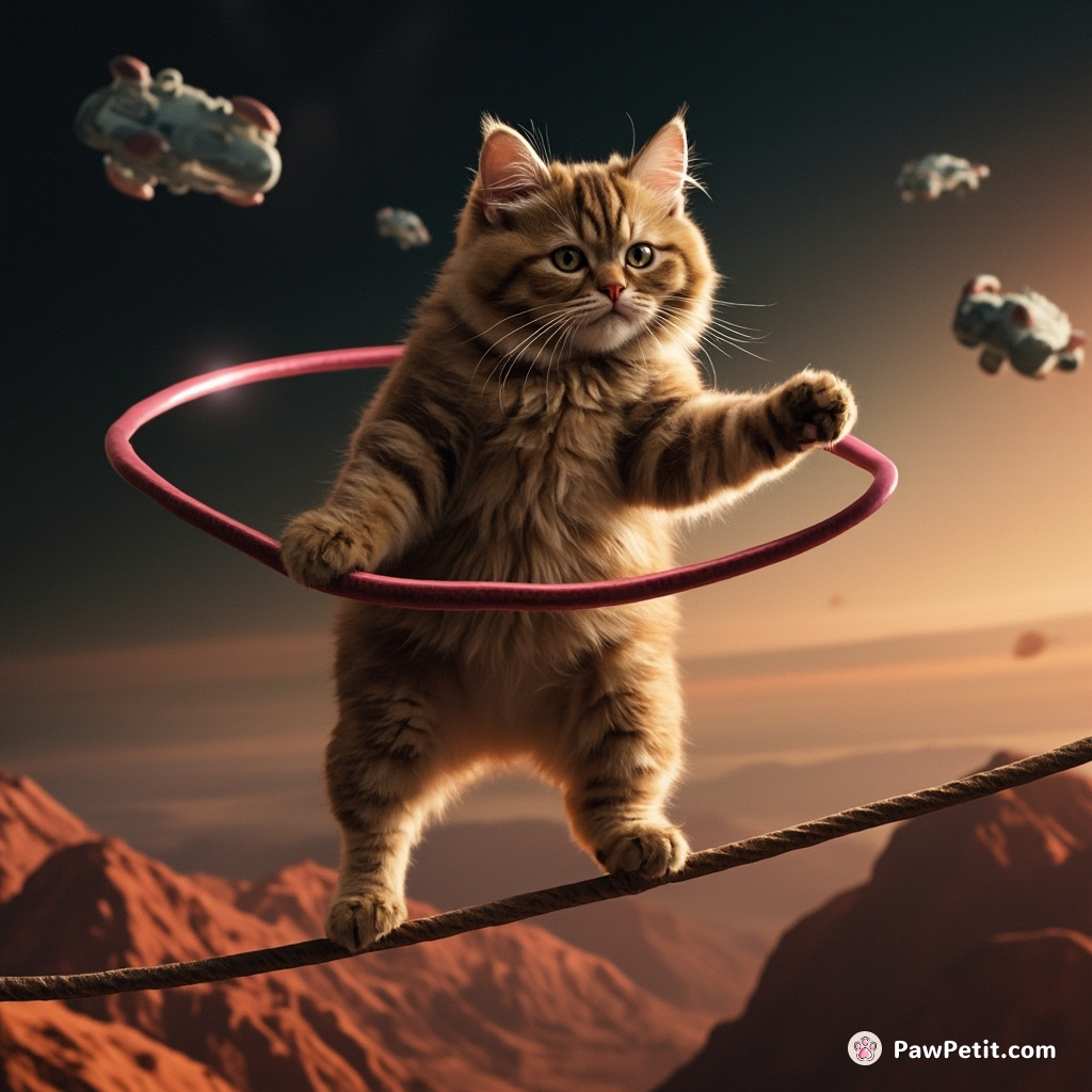 A cat hula-hooping on a tightrope strung between two floating spaceships with Martian mountains in the background.