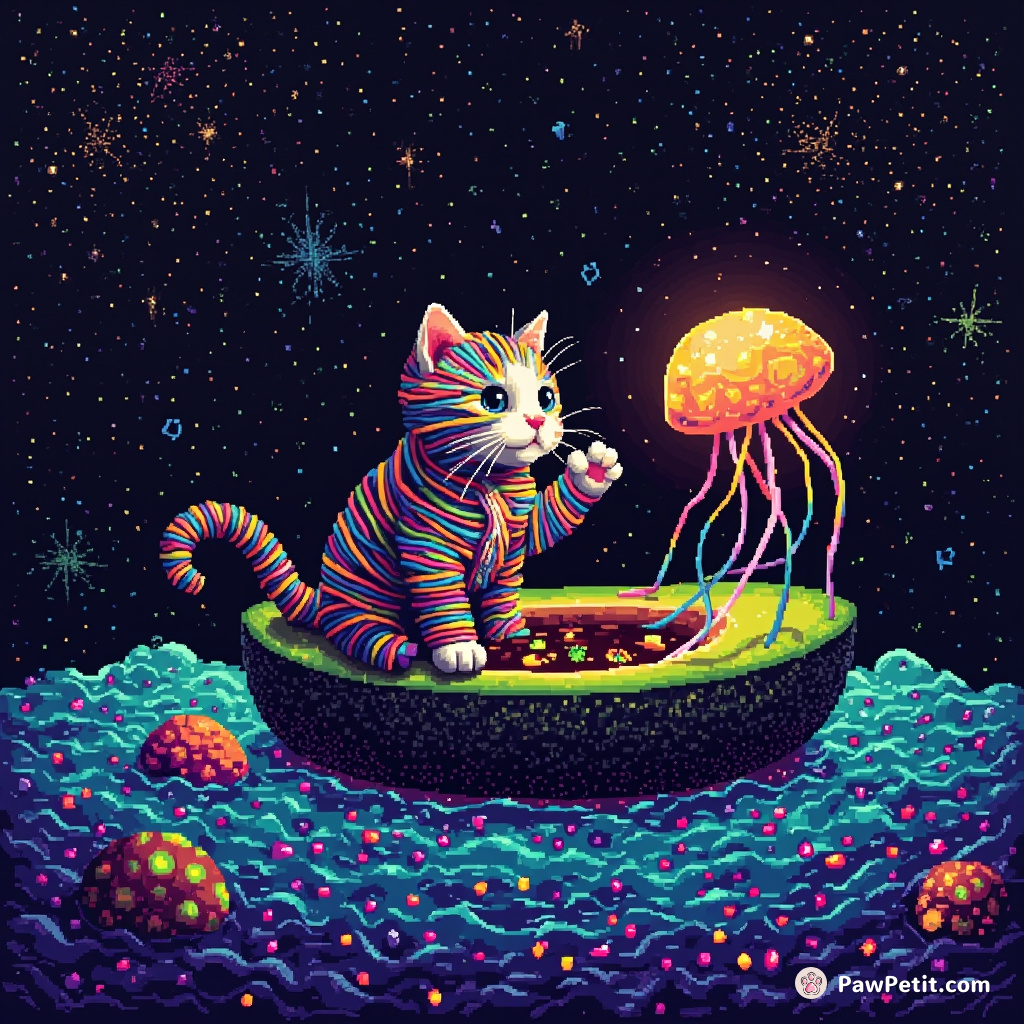 A cat knit out of multicolored cosmic strings waving to a neon jellyfish from an avocado shell boat in a sea of alphabet soup.