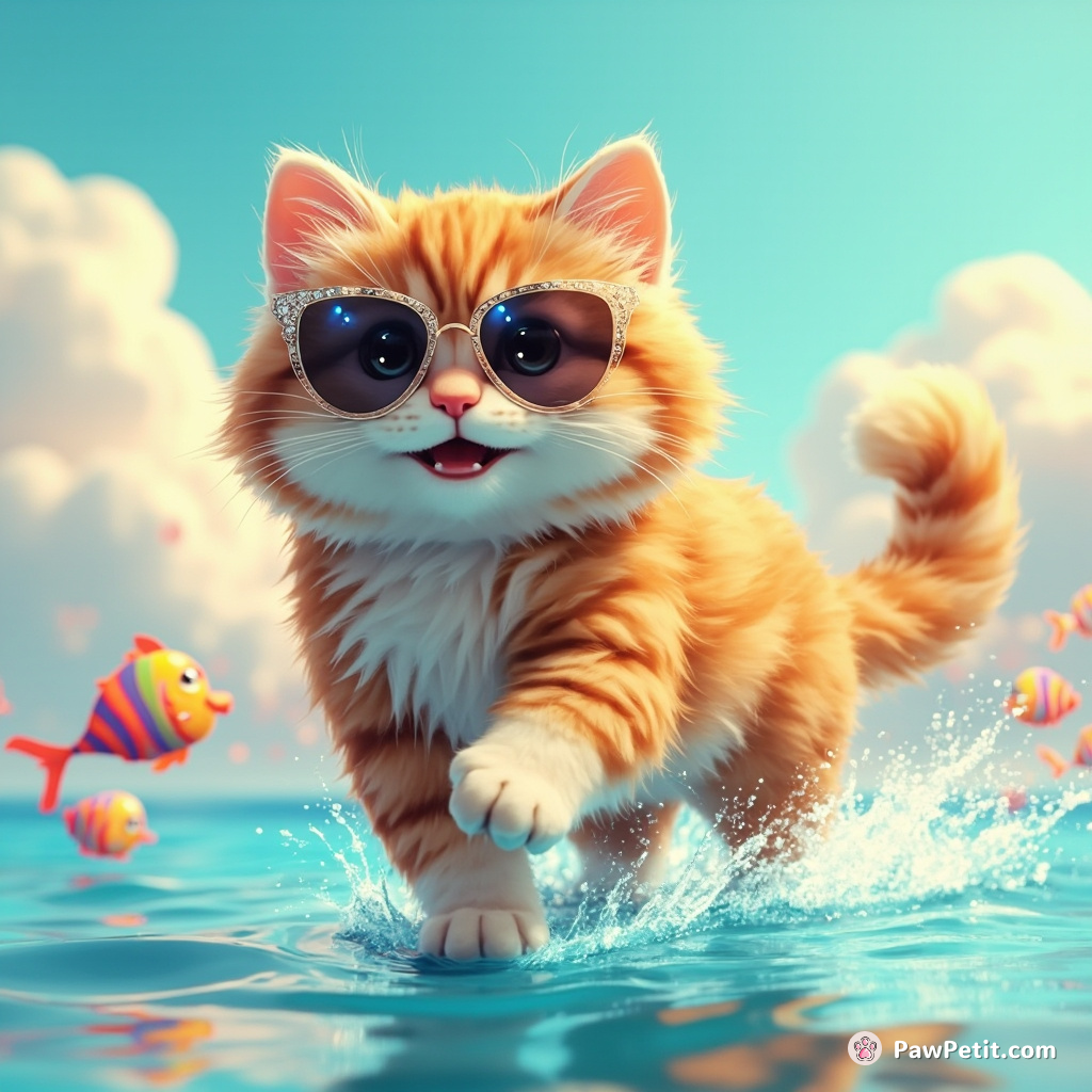 A fluffy cat walking on water, wearing diamond-studded sunglasses, trailed by rainbow fish.