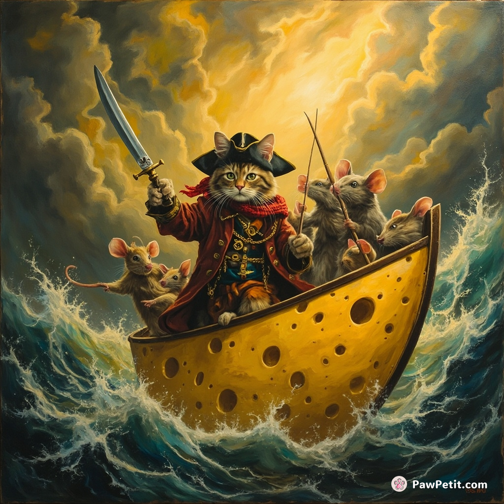 A pirate cat commanding a ship of mice on the cheese sea during a yellow mozzarella storm.