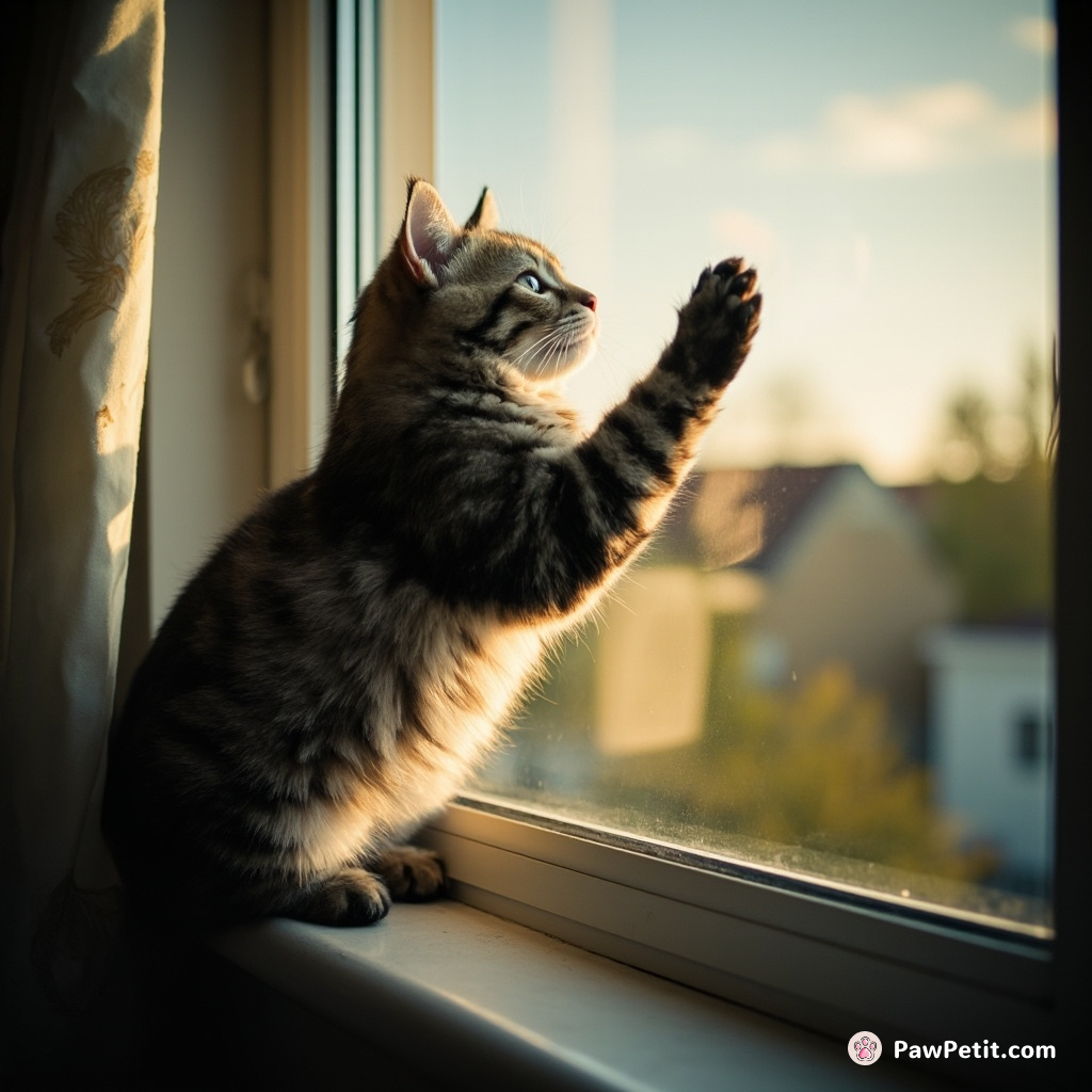 Cat leaps onto windowsill, paws pressed against glass, longing for the breeze like a human yearning for fresh air.