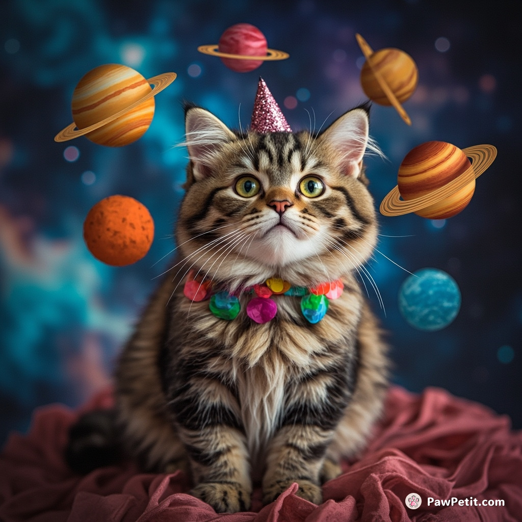 A cat juggling planets in a galactic circus against a nebula backdrop.
