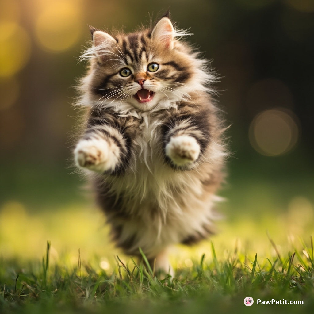 Fluffy leaps, twirls mid-air, and lands with paws splayed, mimicking a human's clumsy yet joyful dance in the garden.