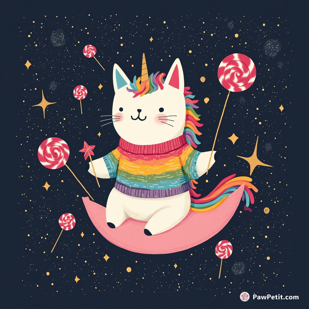 A unicorn cat knitting a rainbow sweater while floating in a cosmic lollipop galaxy.