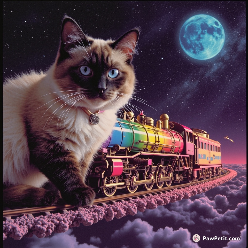 A siamese cat repairing a rainbow-colored steam locomotive in outer space using celestial tools.