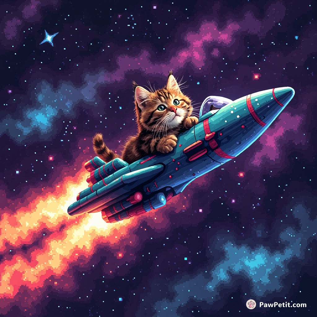 Cosmic tabby twitches whiskers, leaps, and deftly pilots an amorphous alien ship through nebulas known only to celestial felines.