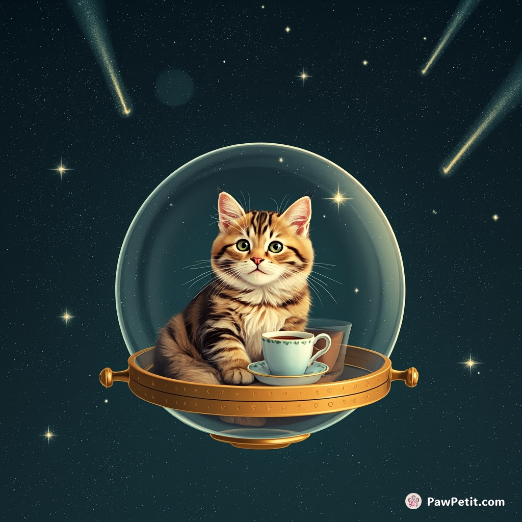 A Victorian-style cat sipping tea inside a crystal space capsule while meteor showers illuminate the cosmos around.