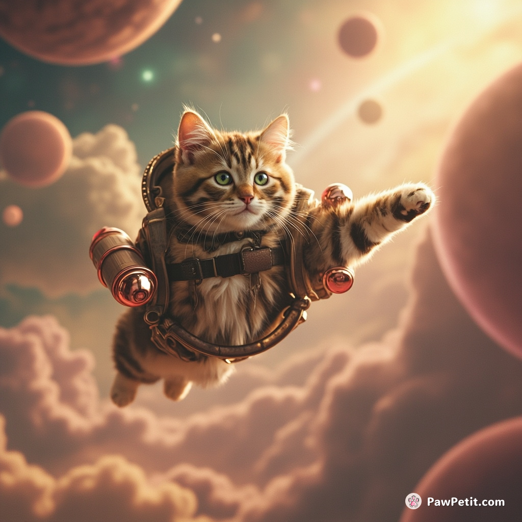 A cat diving off a Victorian-style gondola with jet packs, towards giant donut planets in a glimmering pastel galaxy.