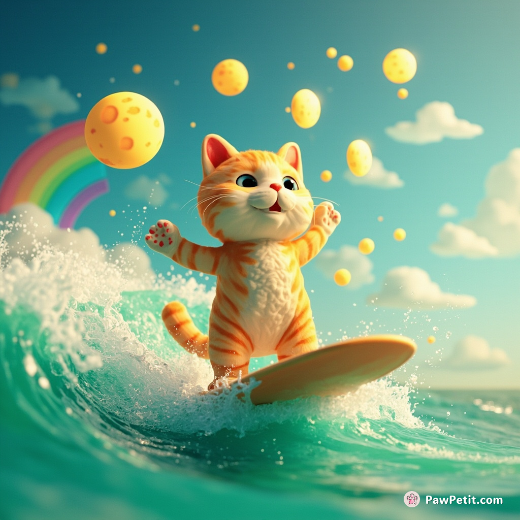 Cat juggling tiny glowing moons while surfing on a rainbow wave in an emerald ocean.