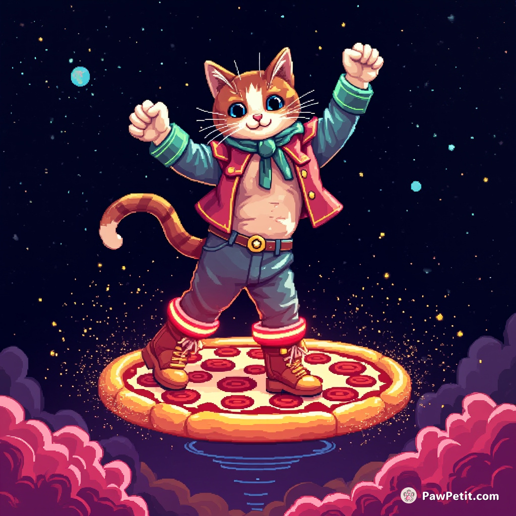 A cat dancing flamenco on a floating pizza in space, wearing neon light-up boots.