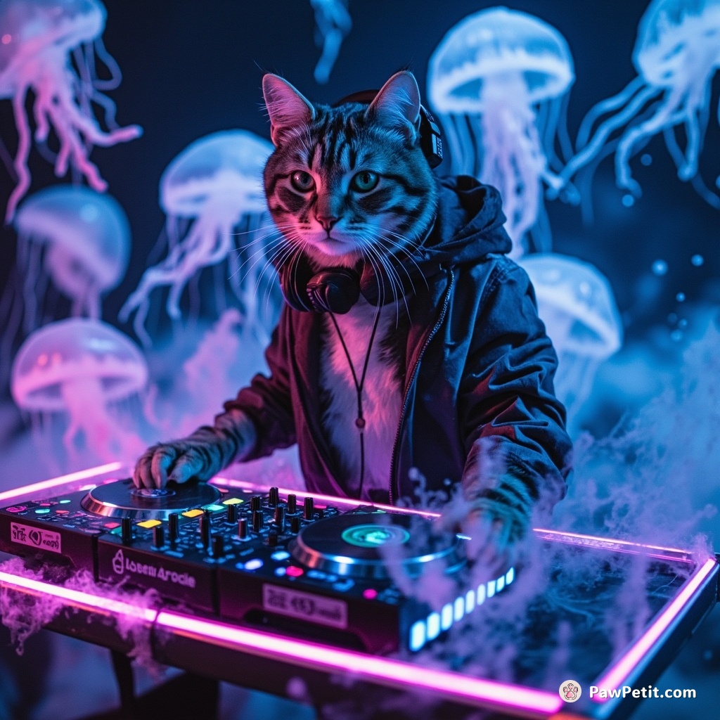 Neon-lit, cyberpunk cat DJ at a floating underwater rave with bioluminescent jellyfish.
