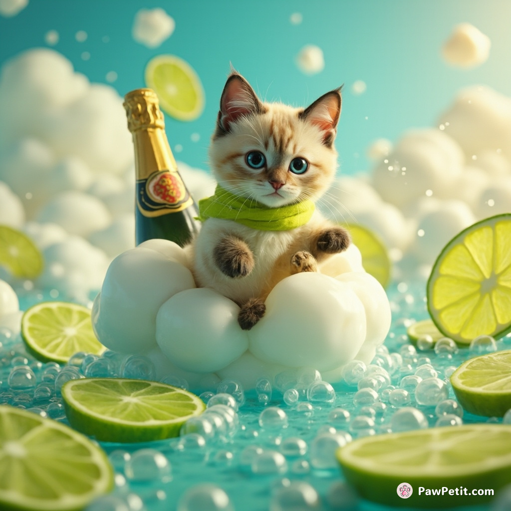A debonair Siamese cat sailing a cloud boat on an ocean of champagne bubbles, gleefully dodging sliced lime megaliths with gusto.
