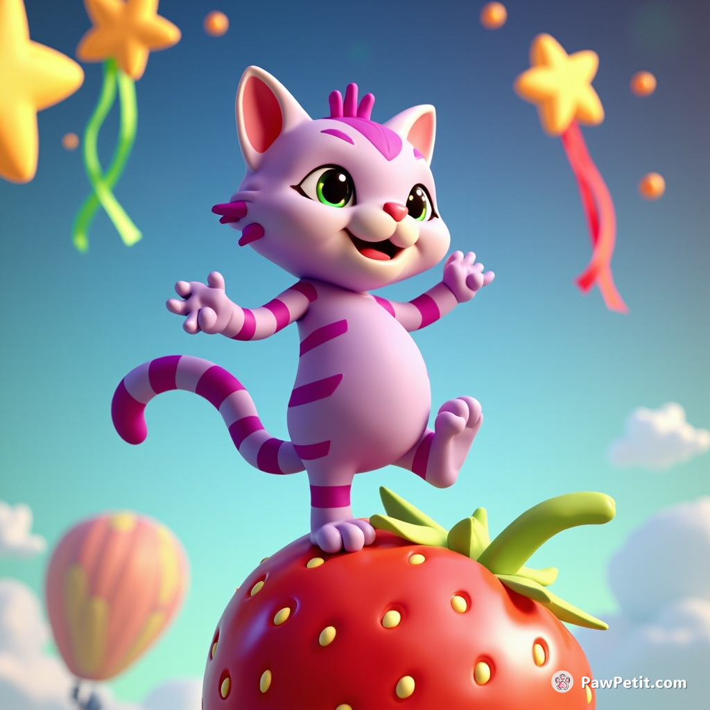 A purple-pinstriped cat tap-dancing on a giant strawberry under stars tied with rainbow ribbons.