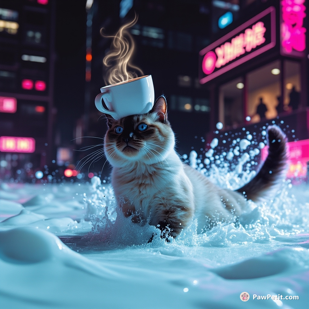 A happy Siamese cat surfing an ocean of milk while balancing a steaming cup of coffee on its head.