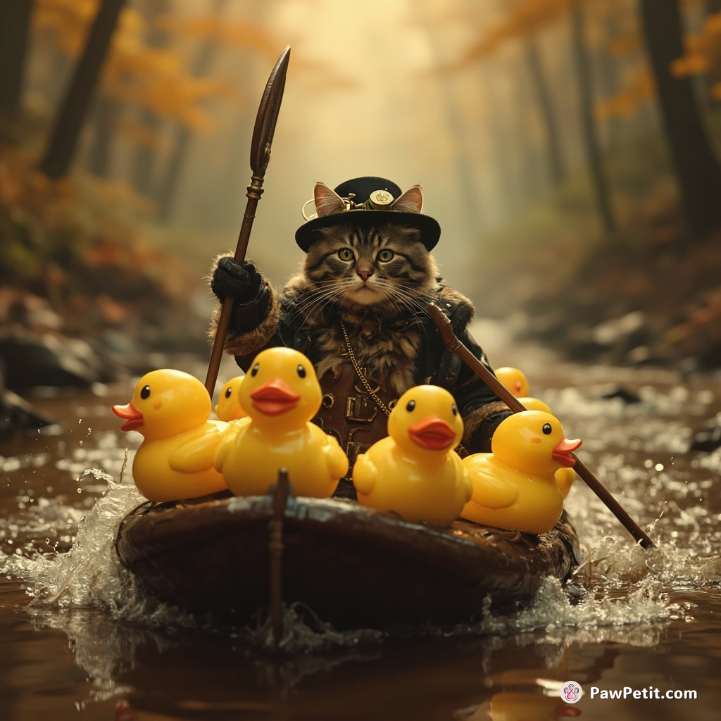 Steampunk-inspired cat commanding a raft of rubber ducks across a molasses river.