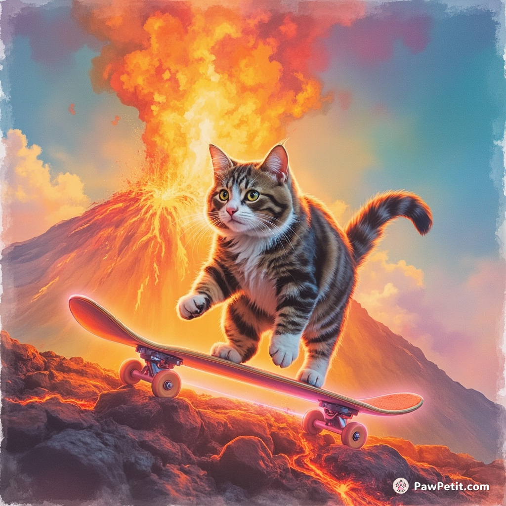 Cat riding a neon skateboard inside an active rainbow-colored volcano.
