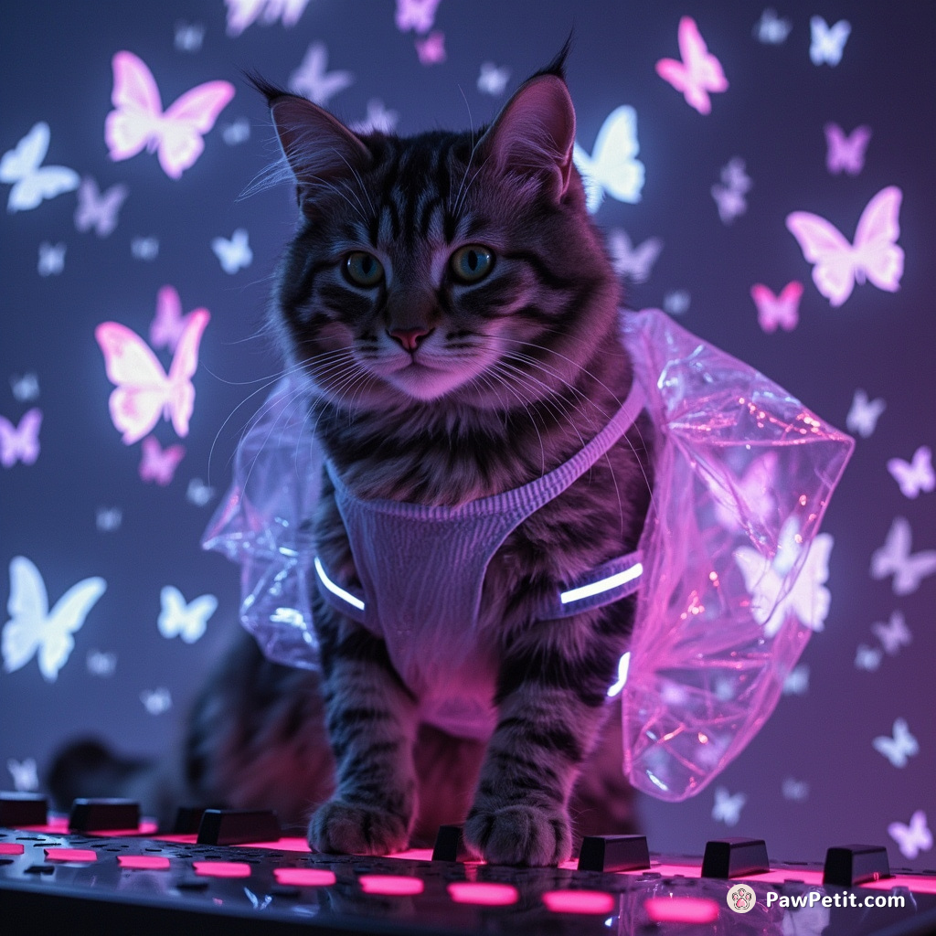 Cat tap-dancing in galoshes on a keyboard of glow-in-the-dark butterflies in zero gravity.