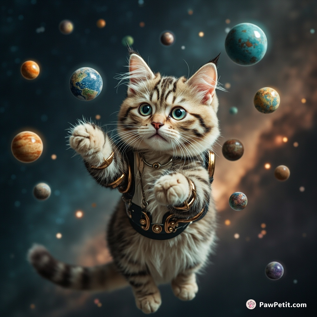 A cyborg cat juggling miniature planets amidst a cluster of galaxies.