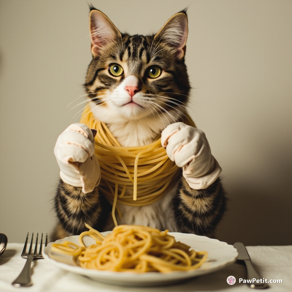 Mischievous cat dons gloves, attempts dining—vet issues diarrhea alert! Spaghetti necklace fashion unexpectedly Trending.