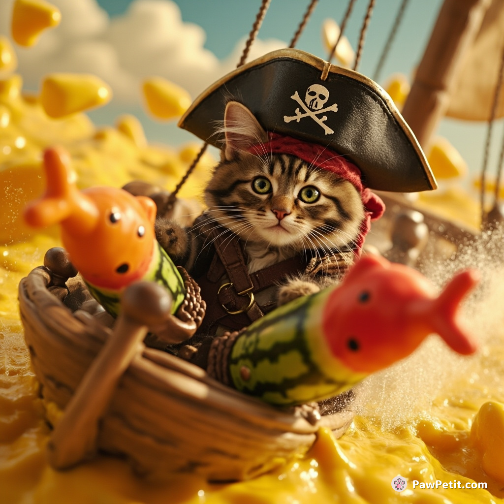 A feline pirate steering a ship through a sea of melted cheddar cheese, firing fish-shaped watermelon cannons.