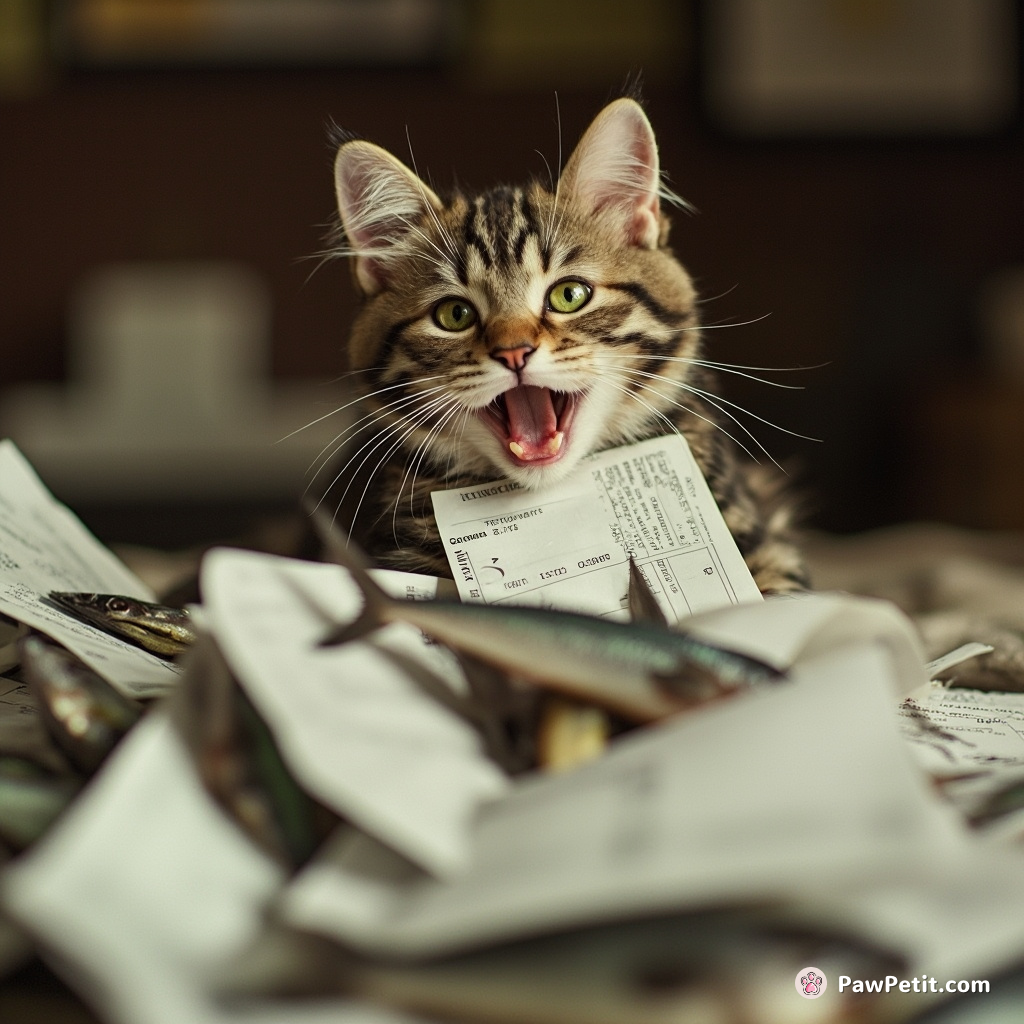 Believing tax returns involve fish, the cat mauls receipts, purring triumphantly over her "great catch".