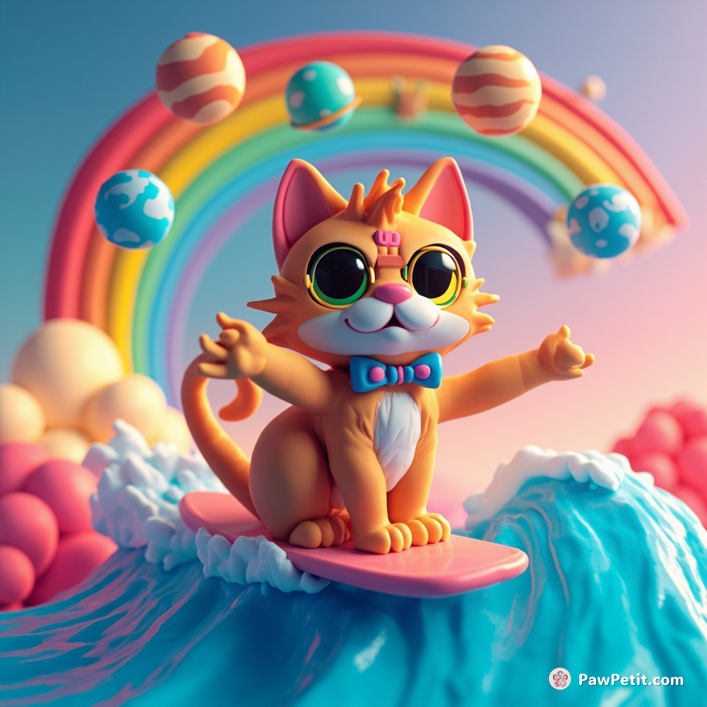 A psychedelic cat on a surfboard riding a rainbow wave, while juggling tiny planets.
