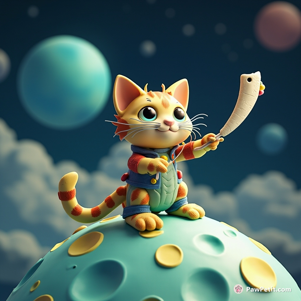 Cat conducting an alien orchestra using a fish bone baton on a moon made of blue cheese.