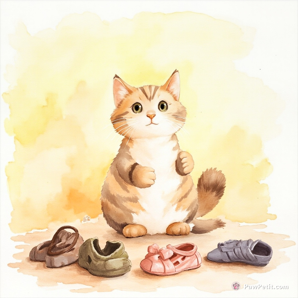 The cat meticulously arranges shoes, convinced they're sacred human ritual objects for sun worship.