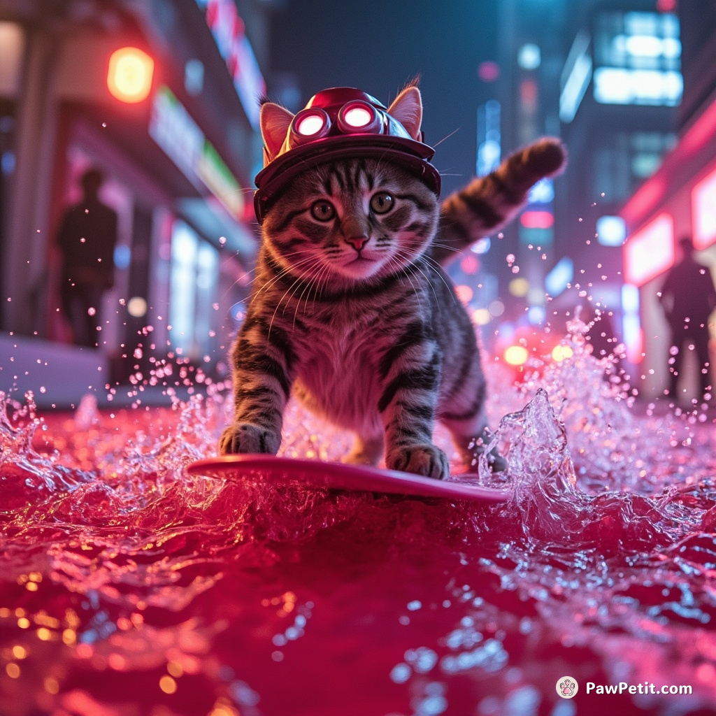 Cat practicing surfboard tricks on a river of sparkling cherry soda.