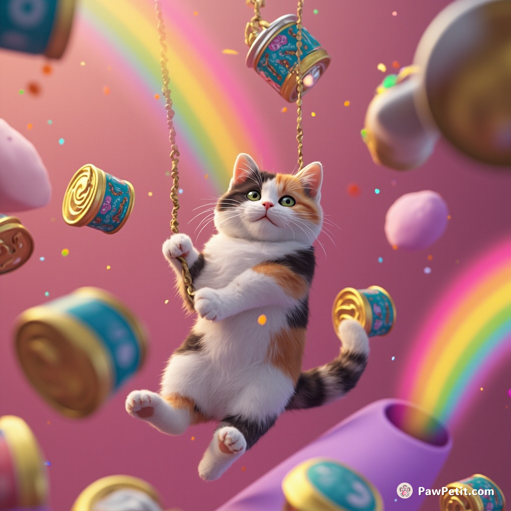 A calico cat swinging from chandeliers in a room full of floating sardine cans, each streaming multicolored rainbows.