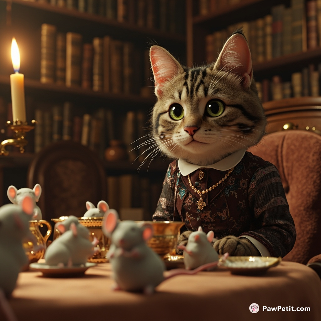 A Victorian-styled cat hosting a tea party for ghost mice in an ancient grand library.