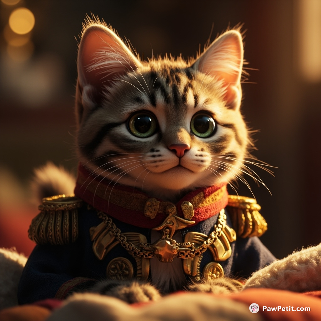 Napoleon BonaPurr": a drifting tomcat mistaken for French Marshal, famed for war strategies delivered while kneading pillows on community councils.