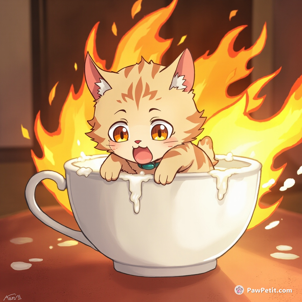 **Concept:** "Purrfect Savior"

**Main Action:** Cat heroically dives into a bowl of milk, accidentally extinguishing a house fire.