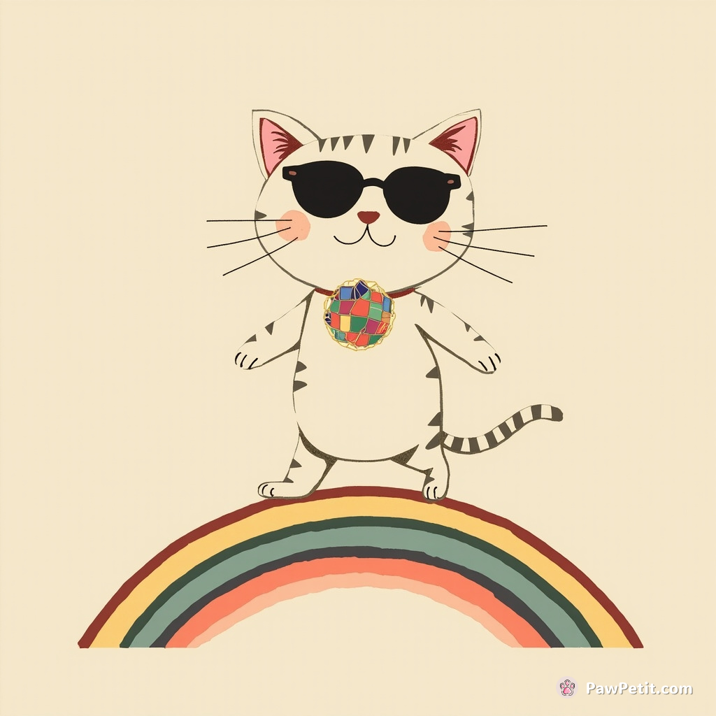 Cat moonwalking on a rainbow with sunglasses and a disco ball necklace.