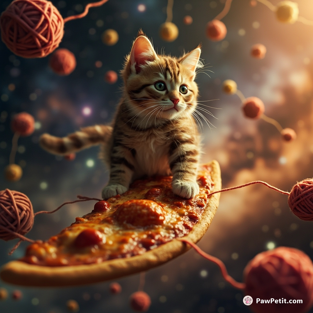 A cat surfing on a slice of pizza through a galaxy made entirely of yarn balls.