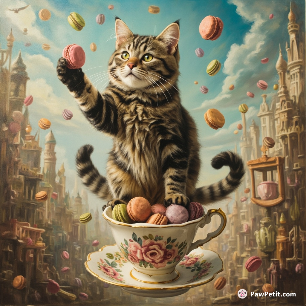 A giant cat balancing on the rim of an overflowing teacup in a floating Alice-in-Wonderland themed cityscape, juggling macarons with a sly grin.