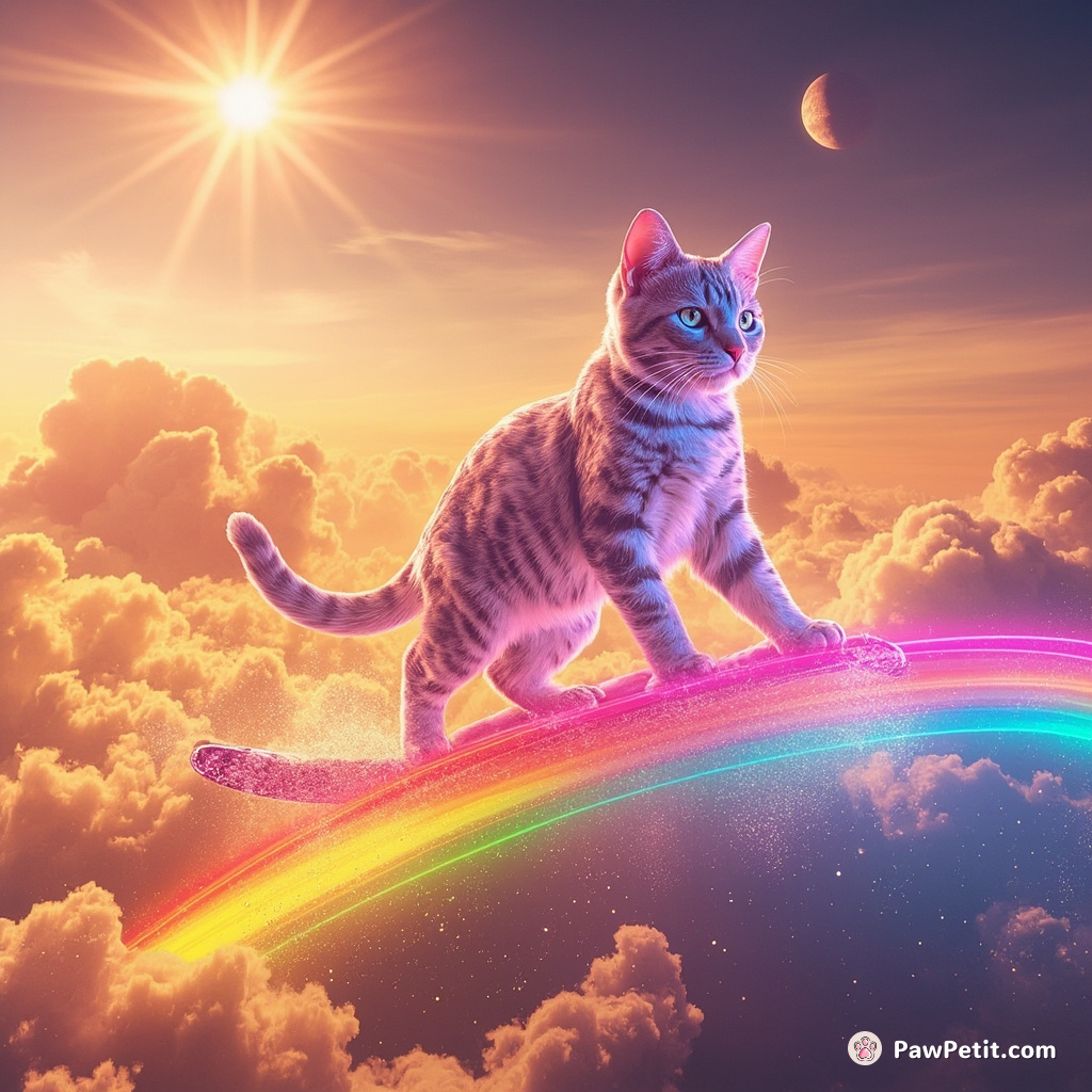 A cat made of crystal, surfing on a rainbow in a sea of liquid gold under luminous clouds.