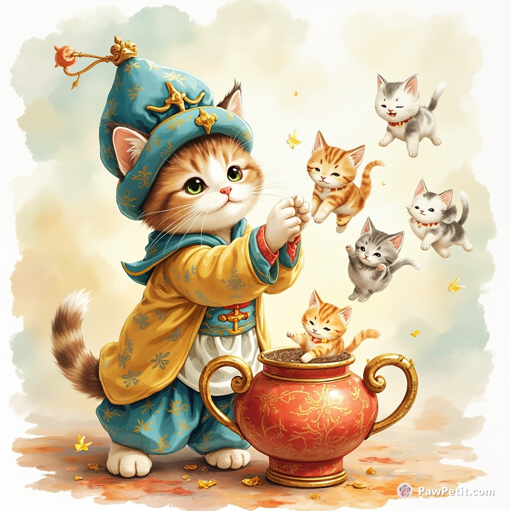 Cat in a genie outfit releasing mini cats from a magical Oriental lamp.