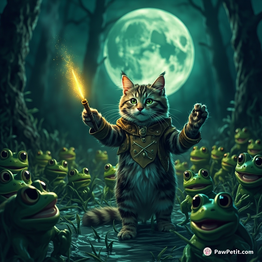 A cat conducting an orchestra of frogs in a moonlit swamp, majestically waving a glow-in-the-dark baton.