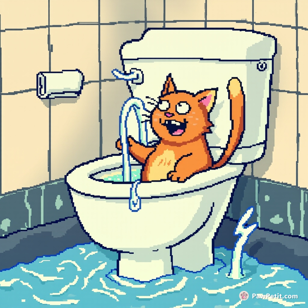 Mischievous cat flushes toilet endlessly, laughing in 'human speech,' until unexpected flood ambushes unsuspecting owner taking a serene bath.